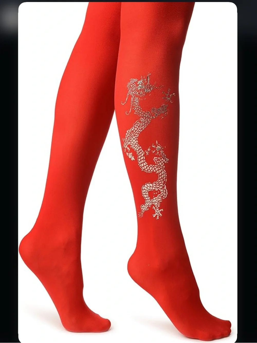 Music Legs Laser Dragon Red Tights Silver Foil Print One Size NIP